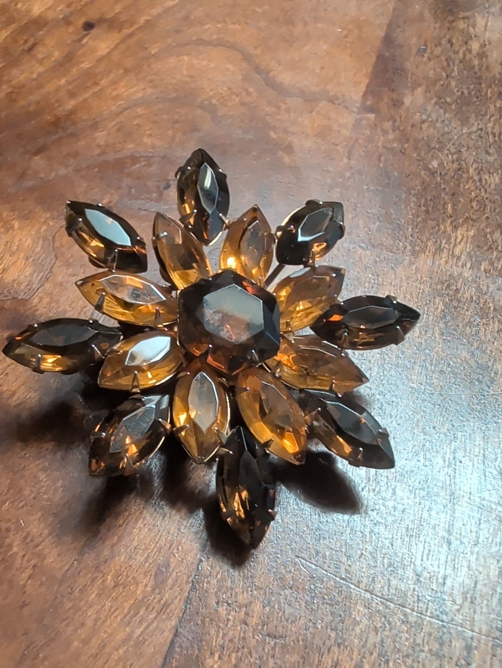 Vintage Brooch Goldtone Amber Pin Brown Floral 2.25" MCM Regency Victorian